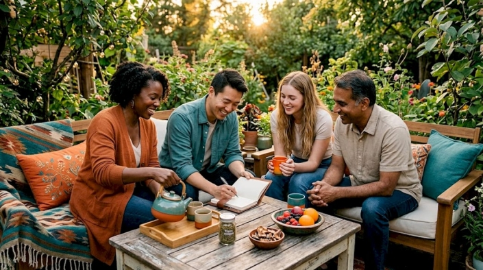 Adults gather in living room for relaxed ceremony